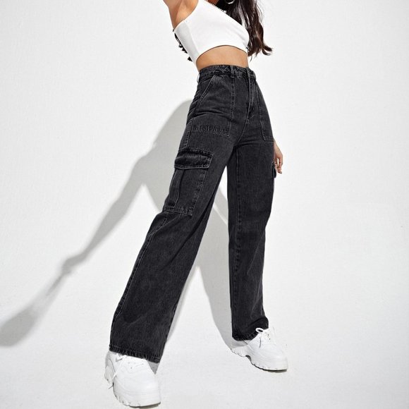 . Denim - Black Casual Womens High Waist Flap Pocket Side Cargo Jeans